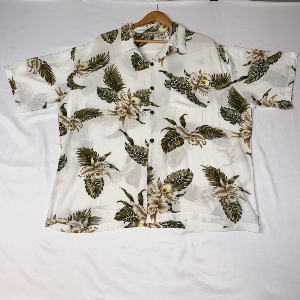 Hula Hula Hawaii Hawaiian Aloha Shirt Men's XL White Tropical Floral Rayon Camp
